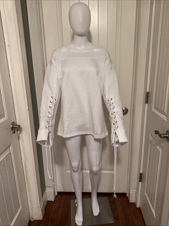 Sweaters - White Off-Shoulder Lace-Up Sleeve Sweatshirt